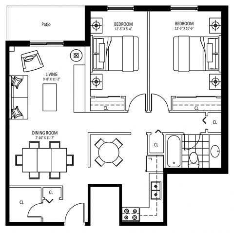 Floor plan for 2 beds, 1 bath, 866 sqft